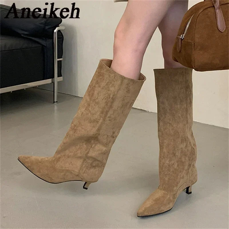 Aneikeh Autumn Winter Pointed Toe knee length Boots Shoes Woman 2025 Trend Designer Vintage Thin Low Heel Shoes Modern Botas
