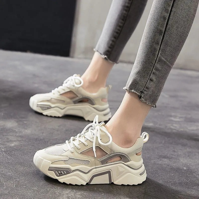 Sports Casual Shoes2025Summer Thin Hollow Breathable Dad Shoes Closed Toe Sandals Height Increasing Thick Sole Mesh Women's Shoe