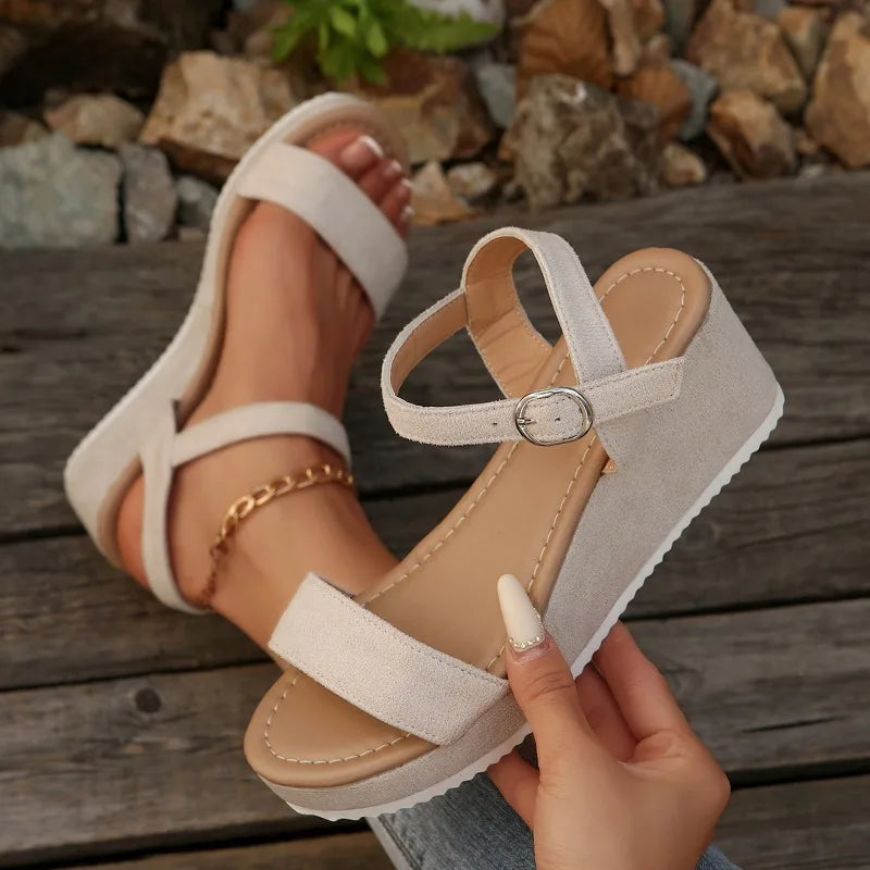 2025 New Summer Women's Wedges Casual High Heels Sandals Round Toe Buckle Shoes Ladies Solid Platform Sandals Casual Women Shoes