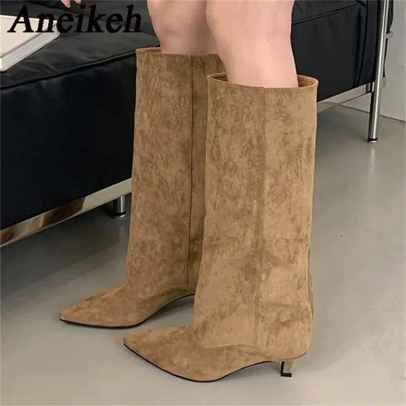 Aneikeh Autumn Winter Pointed Toe knee length Boots Shoes Woman 2025 Trend Designer Vintage Thin Low Heel Shoes Modern Botas