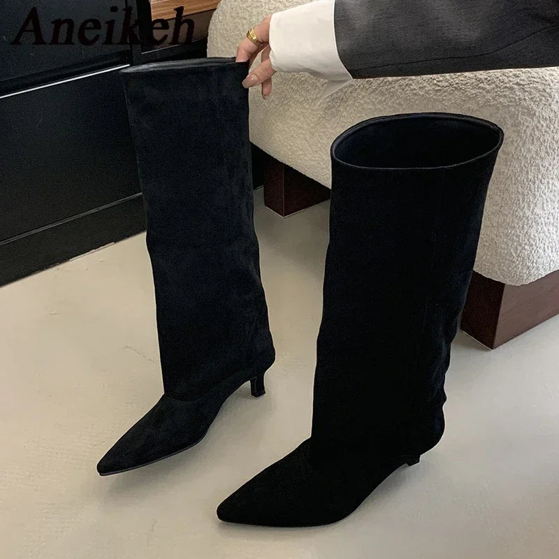 Aneikeh Autumn Winter Pointed Toe knee length Boots Shoes Woman 2025 Trend Designer Vintage Thin Low Heel Shoes Modern Botas