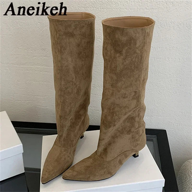 Aneikeh Autumn Winter Pointed Toe knee length Boots Shoes Woman 2025 Trend Designer Vintage Thin Low Heel Shoes Modern Botas