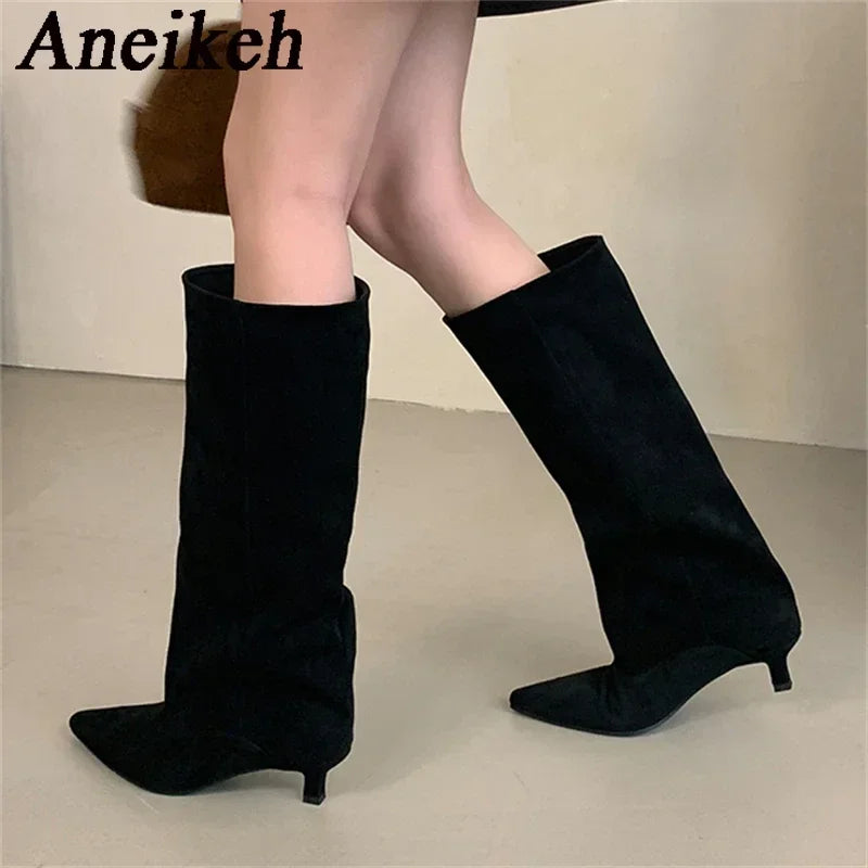 Aneikeh Autumn Winter Pointed Toe knee length Boots Shoes Woman 2025 Trend Designer Vintage Thin Low Heel Shoes Modern Botas