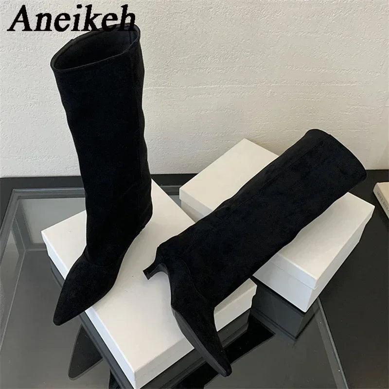Aneikeh Autumn Winter Pointed Toe knee length Boots Shoes Woman 2025 Trend Designer Vintage Thin Low Heel Shoes Modern Botas