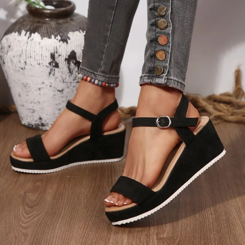 2025 New Summer Women's Wedges Casual High Heels Sandals Round Toe Buckle Shoes Ladies Solid Platform Sandals Casual Women Shoes